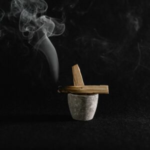 A minimalist image of smoldering palo santo with soothing smoke against a black background.