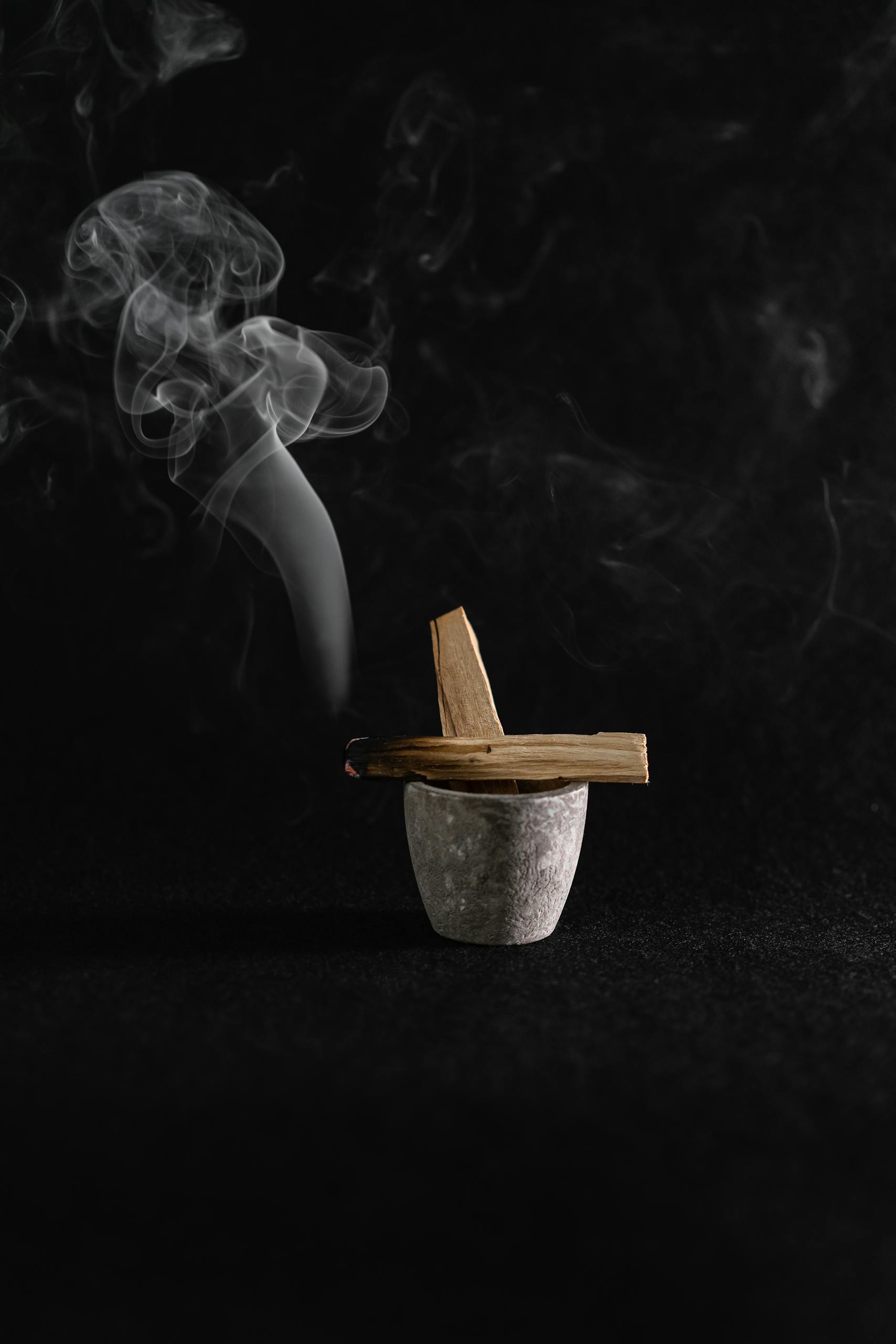 A minimalist image of smoldering palo santo with soothing smoke against a black background.